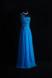 Ndyad One Shoulder Sheath Long Prom Dresses Chiffon Blue Formal Dresses Beaded Wedding Guest Dresses HZ1024