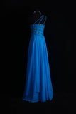 Ndyad One Shoulder Sheath Long Prom Dresses Chiffon Blue Formal Dresses Beaded Wedding Guest Dresses HZ1024