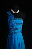 Ndyad One Shoulder Sheath Long Prom Dresses Chiffon Blue Formal Dresses Beaded Wedding Guest Dresses HZ1024