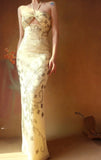 Ndyad Halter Neck Sheath Long Prom Dresses Chiffon Yellow Evening Gownss Beaded Wedding Guest Dresses HZ1024
