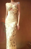 Ndyad Halter Neck Sheath Long Prom Dresses Chiffon Yellow Evening Gownss Beaded Wedding Guest Dresses HZ1024