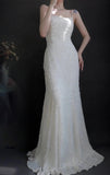 Ndyad Spaghetti Strap Sheath Long Prom Dresses Chiffon Beaded White Evening Dresses HZ1024