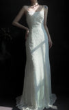 Ndyad Spaghetti Strap Sheath Long Prom Dresses Chiffon Beaded White Evening Dresses HZ1024
