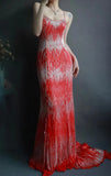 Ndyad Spaghetti Strap Mermaid Long Prom Dresses Chiffon Beaded Red Evening Dresses HZ1024