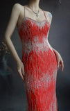 Ndyad Spaghetti Strap Mermaid Long Prom Dresses Chiffon Beaded Red Evening Dresses HZ1024