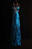 Ndyad Spaghetti Strap Sheath Long Prom Dresses Satin Blue Evening Dresses HZ1024