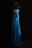 Ndyad Spaghetti Strap Sheath Long Prom Dresses Satin Blue Evening Dresses HZ1024