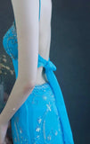 Ndyad Spaghetti Strap Sheath Long Prom Dresses Beaded Chiffon Blue Evening Dresses HZ1024