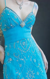 Ndyad Spaghetti Strap Sheath Long Prom Dresses Beaded Chiffon Blue Evening Dresses HZ1024