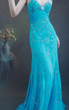 Ndyad Spaghetti Strap Sheath Long Prom Dresses Beaded Chiffon Blue Evening Dresses HZ1024