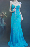 Ndyad Spaghetti Strap Sheath Long Prom Dresses Beaded Chiffon Blue Evening Dresses HZ1024