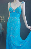 Ndyad Spaghetti Strap Sheath Long Prom Dresses Beaded Chiffon Blue Evening Dresses HZ1024