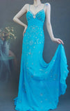 Ndyad Spaghetti Strap Sheath Long Prom Dresses Beaded Chiffon Blue Evening Dresses HZ1024