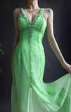 Ndyad V neck Sheath Long Prom Dresses Beaded Chiffon Green Evening Dresses HZ1024