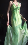 Ndyad V neck Sheath Long Prom Dresses Beaded Chiffon Green Evening Dresses HZ1024