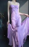 Ndyad Spaghetti Strap Mermaid Long Prom Dresses Beaded Chiffon Lavender Long Evening Dresses HZ1024