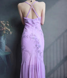 Ndyad Spaghetti Strap Mermaid Long Prom Dresses Beaded Chiffon Lavender Long Evening Dresses HZ1024