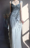 Ndyad V Neck Sheath Long Prom Dresses Beaded Chiffon Evening Dresses HZ1024