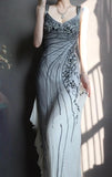 Ndyad V Neck Sheath Long Prom Dresses Beaded Chiffon Evening Dresses HZ1024