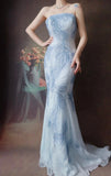 Ndyad Strapless Mermaid Long Prom Dresses Beaded Chiffon Light Gray Blue Evening Dresses HZ1024