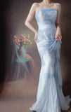 Ndyad Strapless Mermaid Long Prom Dresses Beaded Chiffon Light Gray Blue Evening Dresses HZ1024