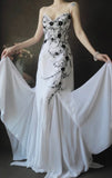 Ndyad Spaghetti Strap A-Line Long Prom Dresses Chiffon Applique White Open Back Evening Dresses HZ1024