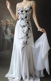 Ndyad Spaghetti Strap A-Line Long Prom Dresses Chiffon Applique White Open Back Evening Dresses HZ1024