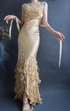 Ndyad Spaghetti Strap Bodycon Long Prom Dresses Taffeta Gold Evening Dresses HZ1024
