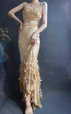 Ndyad Spaghetti Strap Bodycon Long Prom Dresses Taffeta Gold Evening Dresses HZ1024