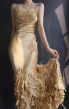 Ndyad Spaghetti Strap Bodycon Long Prom Dresses Taffeta Gold Evening Dresses HZ1024