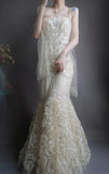 Ndyad Spaghetti Strap Mermaid Long Prom Dresses Beaded Tulle Sequin Evening Dresses HZ1024