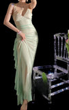 Ndyad Spaghetti Strap Sheath Long Prom Dresses Chiffon Green Wedding Guest Dresses HZ1024