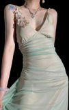 Ndyad Spaghetti Strap Sheath Long Prom Dresses Chiffon Green Wedding Guest Dresses HZ1024
