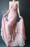 Ndyad Spaghetti Strap Sheath Long Prom Dresses Chiffon Dusty Pink Evening Dresses HZ1024