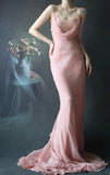 Ndyad Spaghetti Strap Sheath Long Prom Dresses Chiffon Dusty Pink Evening Dresses HZ1024