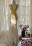 Ndyad Spaghetti Strap Mermaid Long Prom Dresses Chiffon Applique Gold Formal Dresses HZ1024