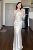 Ndyad Off-the-shoulder Sheath Wedding Guest Dresses Satin Ivory Evening Dresses HZ1024