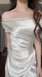 Ndyad Off-the-shoulder Sheath Wedding Guest Dresses Satin Ivory Evening Dresses HZ1024
