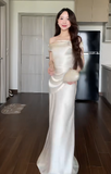 Ndyad Off-the-shoulder Sheath Wedding Guest Dresses Satin Ivory Evening Dresses HZ1024