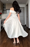 Ndyad Off-the-shoulder A-Line Wedding Guest Dresses Satin Light Champagne Birthday Dresses HZ1024