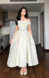 Ndyad Off-the-shoulder A-Line Wedding Guest Dresses Satin Light Champagne Birthday Dresses HZ1024