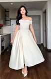 Ndyad Off-the-shoulder A-Line Wedding Guest Dresses Satin Light Champagne Birthday Dresses HZ1024