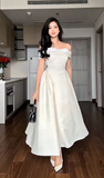 Ndyad Off-the-shoulder A-Line Wedding Guest Dresses Satin Light Champagne Birthday Dresses HZ1024