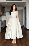 Ndyad Off-the-shoulder A-Line Wedding Guest Dresses Satin Light Champagne Birthday Dresses HZ1024