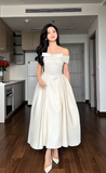 Ndyad Off-the-shoulder A-Line Wedding Guest Dresses Satin Light Champagne Birthday Dresses HZ1024