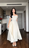 Ndyad Off-the-shoulder A-Line Wedding Guest Dresses Satin Light Champagne Birthday Dresses HZ1024