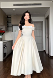 Ndyad Off-the-shoulder A-Line Wedding Guest Dresses Satin Light Champagne Birthday Dresses HZ1024