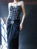 Ndyad Spaghetti Strap Sheath Wedding Guest Dresses Black Birthday Dresses Chiffon Beaded Formal Dresses HZ1024