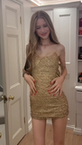 Ndyad Gold Homecoming Dresses, Spaghetti Strap Bodycon Short Prom Dresses, Beaded Birthday Dresses HZ1024