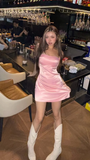 Ndyad Pink Homecoming Dresses Spaghetti Strap Sheath Short Prom Dresses Cute Birthday Dresses HZ1024